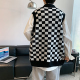 @港风秋冬棋盘格子毛衣背心慵懒风情侣外穿宽松无袖开衫BX29-42，男装背心/马甲，星座223（原229-2）