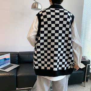 @港风 秋冬棋盘格子毛衣背心慵懒风情侣外穿宽松无袖开衫BX29-42图片