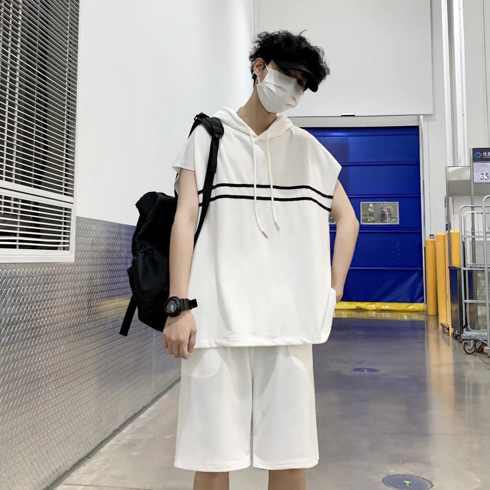 @港风无袖连帽短袖卫衣套装男夏季一套衣服TZ02-P45,男装T恤,星座223（原229-2）