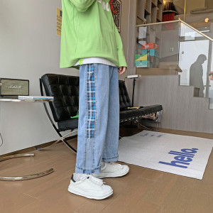 @港风 格子拼接牛仔裤男2025春秋款休闲潮流直筒裤NZ219-P45图片