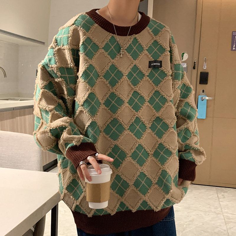 @港风  菱格毛圈毛边情侣毛衣宽松针织衫男套头线衣  21M85-P58图片