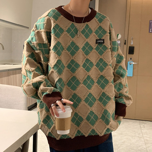 @港风  菱格毛圈毛边情侣毛衣宽松针织衫男套头线衣  21M85-P58图片