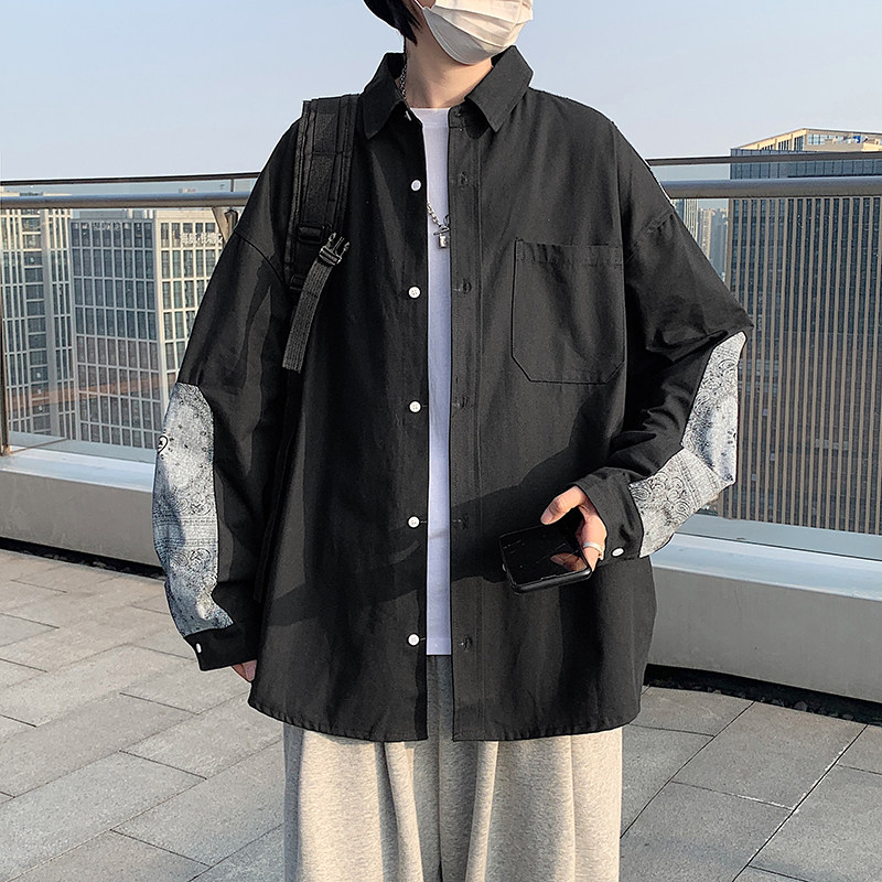 @港风 2022个性拼接长袖衬衫男春秋潮流上衣CS106-P35图片