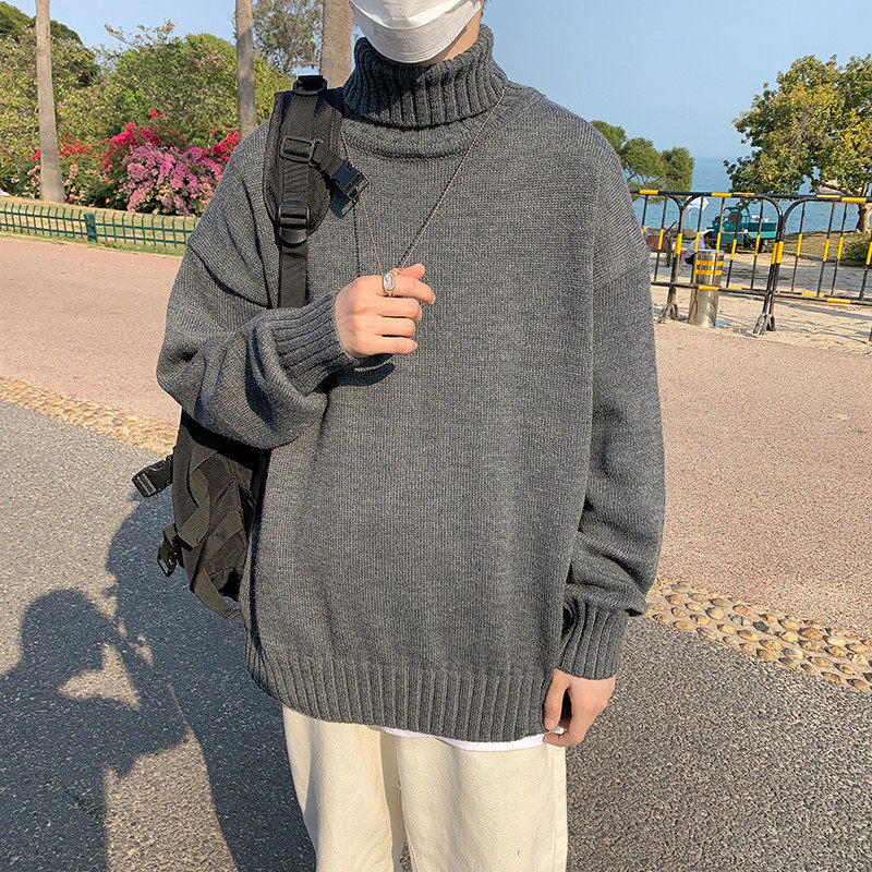@港风 套头高领纯色针织衫毛衣男大码M-8XL韩版上衣21M60-P35图片