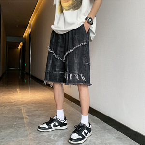 @港风 潮高街暗黑扎染毛边牛仔短裤男夏季宽松五分裤DK028-P40图片