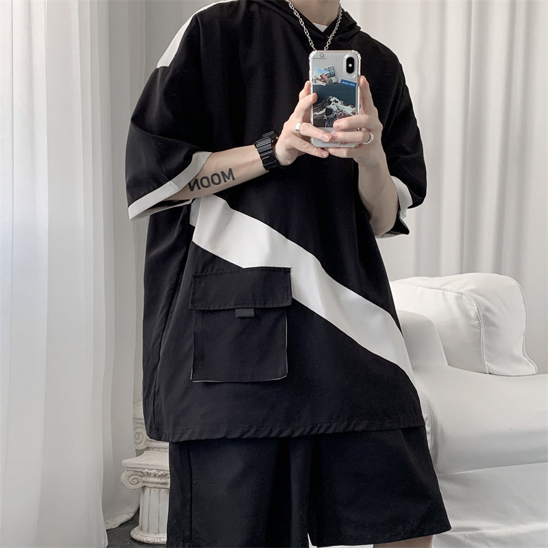 冰丝拼色连帽短袖短裤套装男女夏季TZ2221/P55,男装牛仔裤,星座223（原229-2）