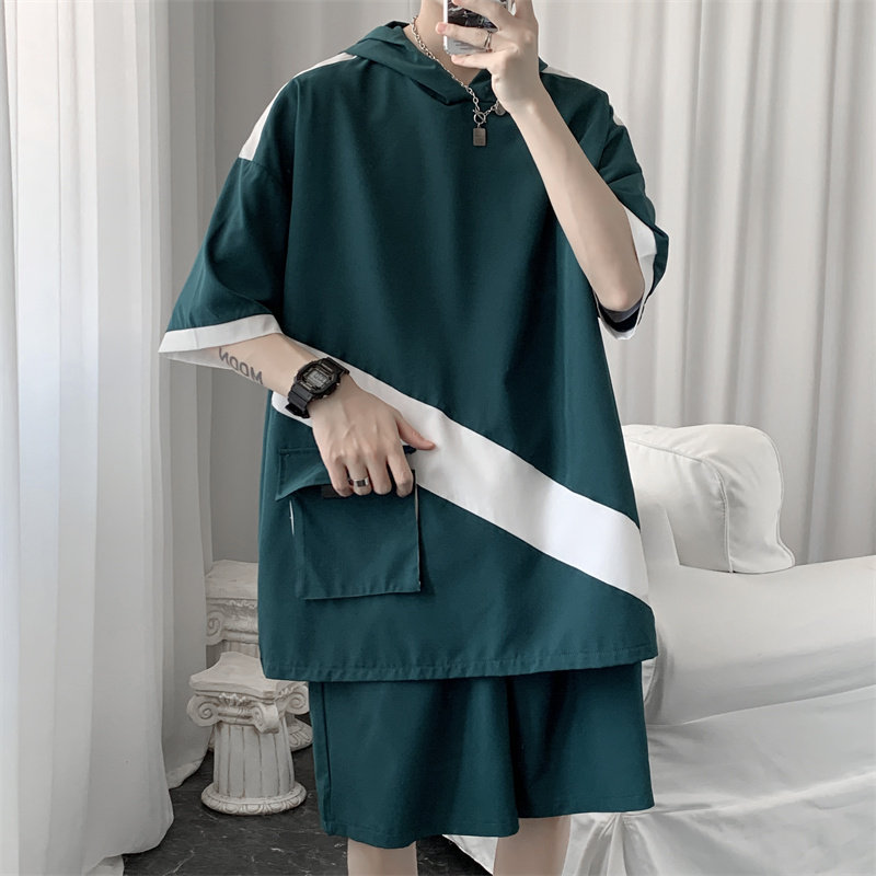 冰丝拼色连帽短袖短裤套装男女夏季两件套TZ2221/P55,男装休闲套装,星座223（原229-2）