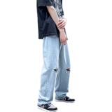 @港风M-5XL直筒破洞乞丐牛仔裤男生大码长裤NZ242-P45，男装牛仔裤，星座223（原229-2）