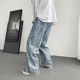 @港风复古条纹雪花阔腿牛仔裤男潮牌宽松大码拖地长裤NZ6007-P48，男装牛仔裤，星座223（原229-2）