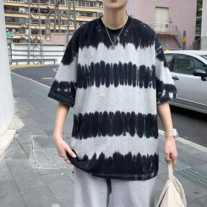 @港风 条纹短袖青少年扎染宽松男生夏季五分袖T恤 DT11-P30图片