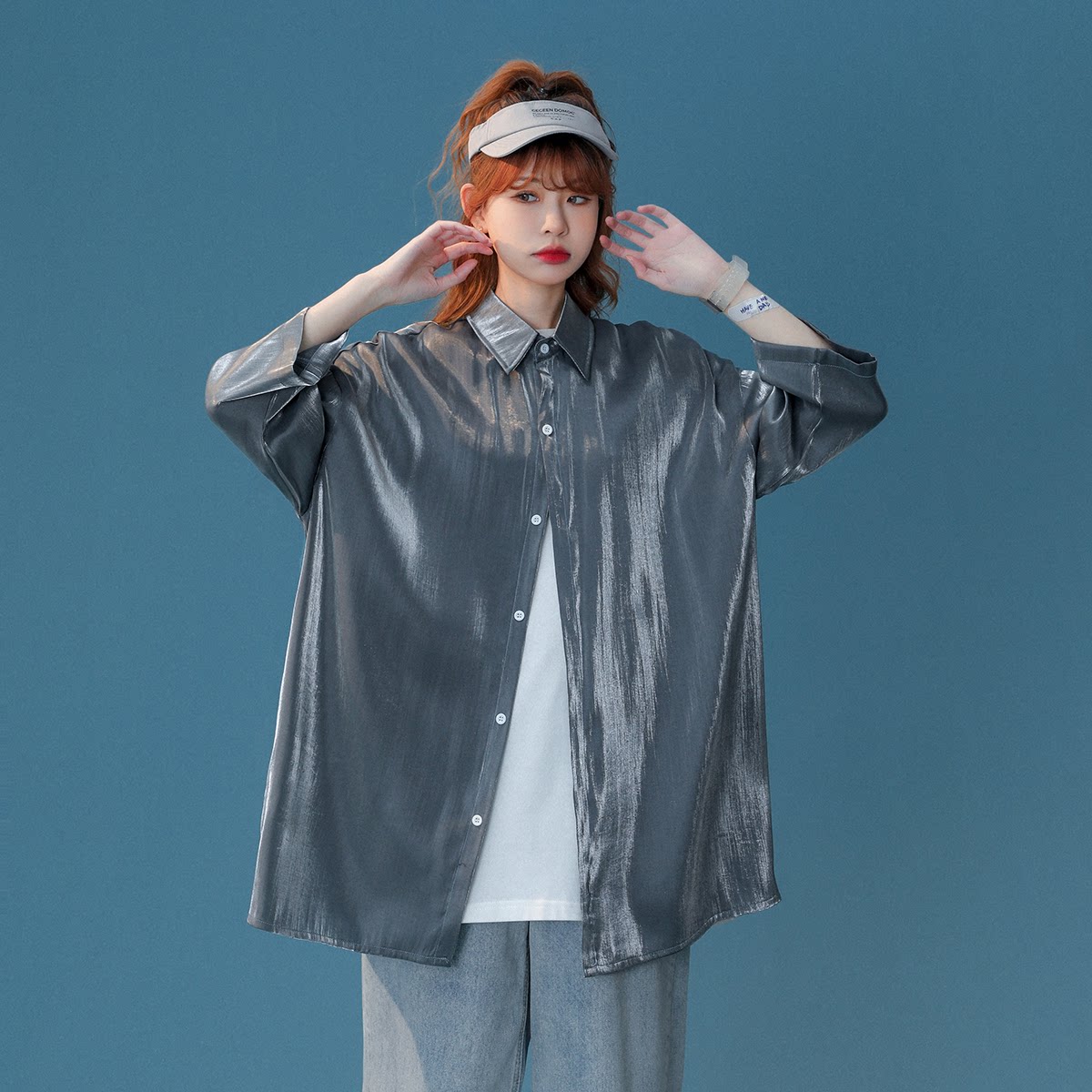 中性风男女夏季冰丝炫彩渐变七分袖衬衫男女大码C2219/P45，女装衬衫，星座223（原229-2）