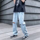 @港风M-5XL直筒破洞乞丐牛仔裤男生大码长裤NZ242-P45，男装牛仔裤，星座223（原229-2）