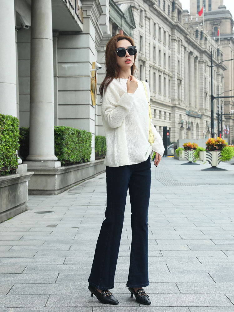 墨蓝色微喇叭裤Mini Brand秋冬新款磨毛薄绒牛仔裤女弹力显瘦长裤