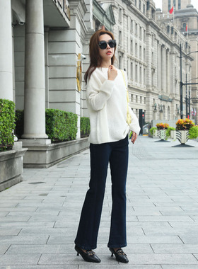 墨蓝色微喇叭裤Mini Brand秋冬新款磨毛薄绒牛仔裤女弹力显瘦长裤