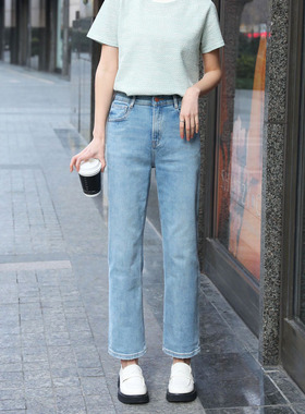 Mini Brand2025春新款牛仔裤女浅蓝色松紧高腰显瘦十分烟管直筒裤