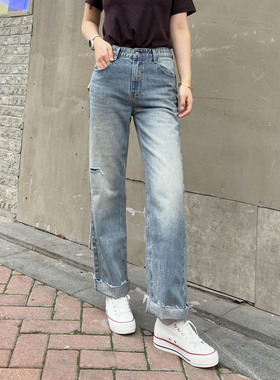 复古做旧直筒牛仔裤女 minibrand2026春季新款高腰显瘦破洞毛边裤