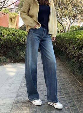 窄版阔腿弯刀裤女 2026春季新minibrand高腰小个子蓝色宽松牛仔裤