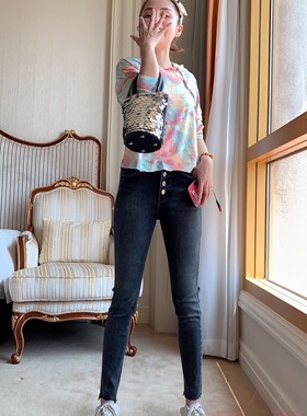 玫瑰家MiniBrand新品 超软面料黑灰色钮排弹力修身显瘦小脚牛仔裤