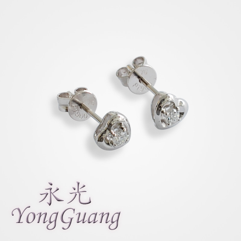PT900铂金8分天然钻石耳钉耳环耳饰单钻心形气质女款