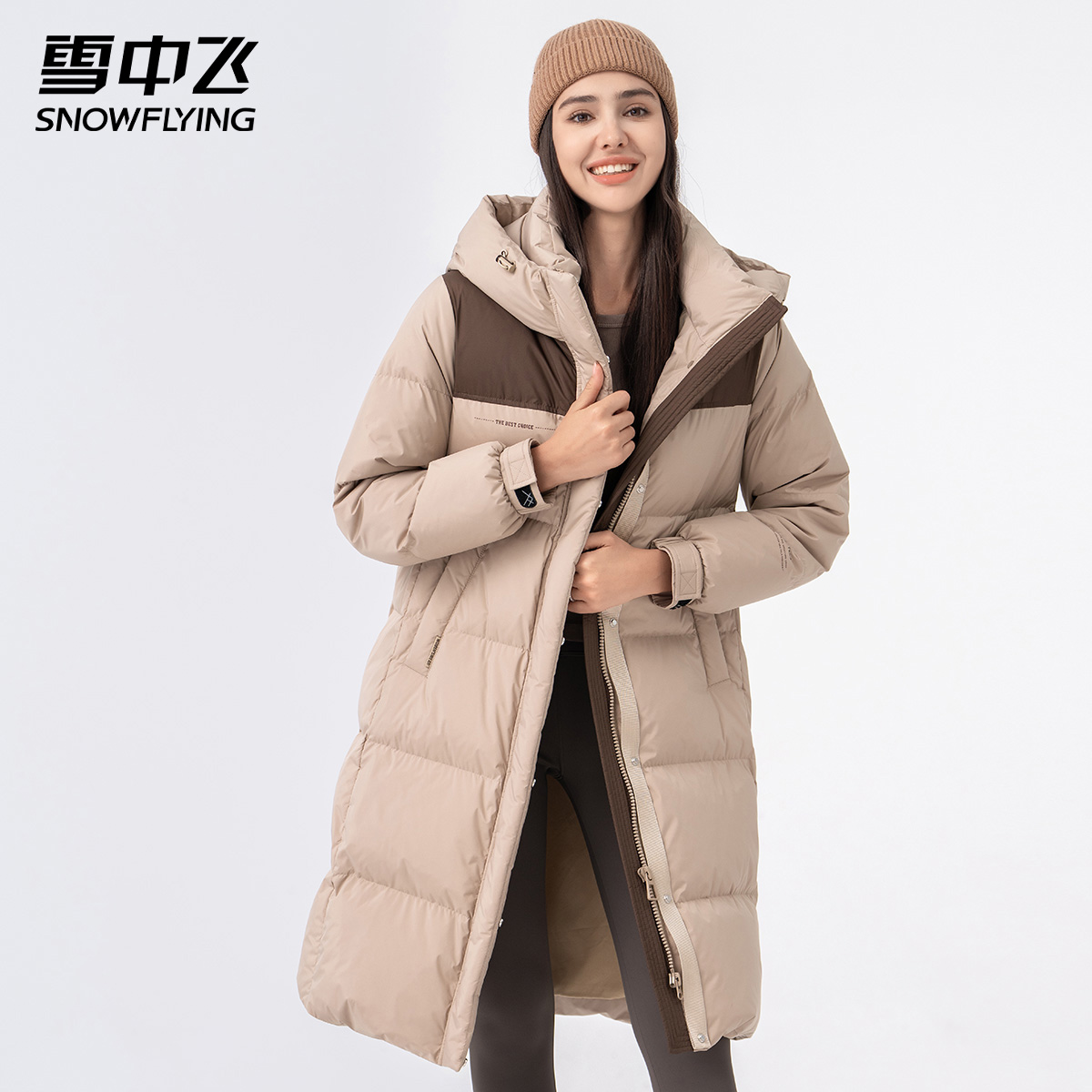 雪中飞羽绒服长款拼接撞色过膝女秋冬季加厚时尚修身连帽保暖外套