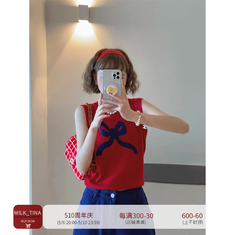 milktina独家定制丨不允许你没有蝴蝶结元素夏日无袖薄针织短袖女 女装/女士精品 毛针织衫 原图主图