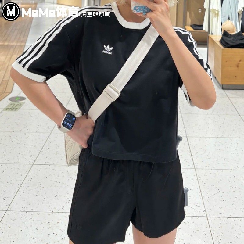 阿迪达斯三叶草女装2025夏季短款纯棉宽松露脐运动短袖T恤 JC8149