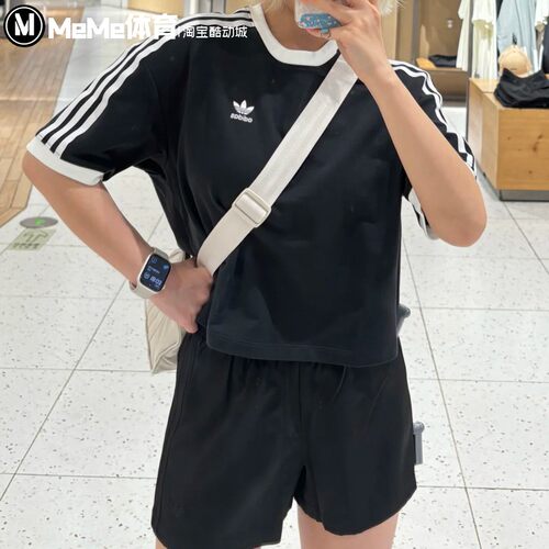 阿迪达斯三叶草女装2025夏季短款纯棉宽松露脐运动短袖T恤 JC8149