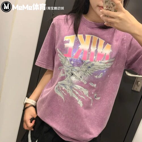 耐克女装2026秋新款浅紫复古撞色翅膀宽松纯棉休闲T恤 IW1198-544