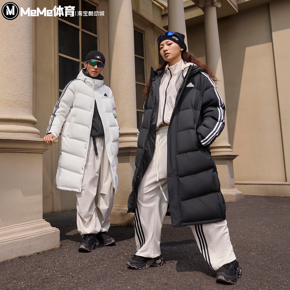 阿迪达斯男女同款鸭绒羽绒服2024冬拒水防泼长款过膝面包服JM9152