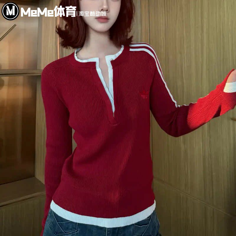 阿迪达斯三叶草女装2026冬半开领假两件修身显瘦针织衫毛衣KS5332