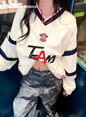 阿迪达斯三叶草鹿晗同款男装2025冬款美式V领撞色长袖球衣 KC0112