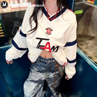 阿迪达斯三叶草鹿晗同款男装2025冬款美式V领撞色长袖球衣 KC0112