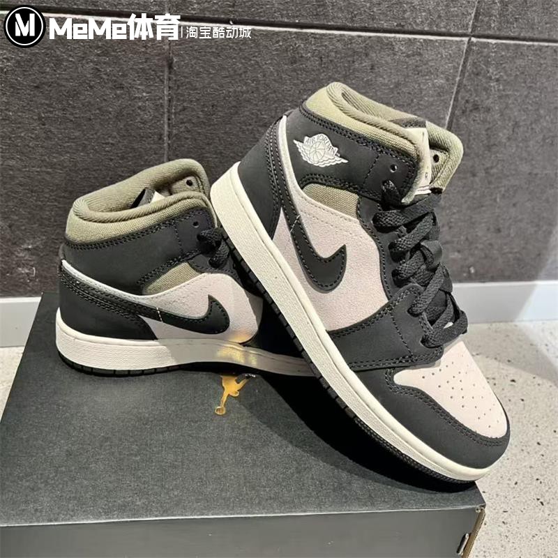 耐克大童鞋2025冬新品复古AJ1中帮墨绿拼色板鞋休闲鞋 HV4399-102