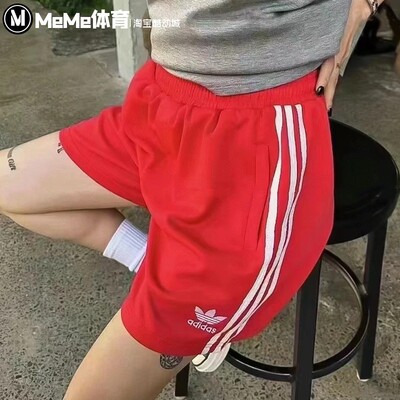 阿迪达斯三叶草女裤2025夏款中国红运动裤复古减龄休闲热裤IY7207