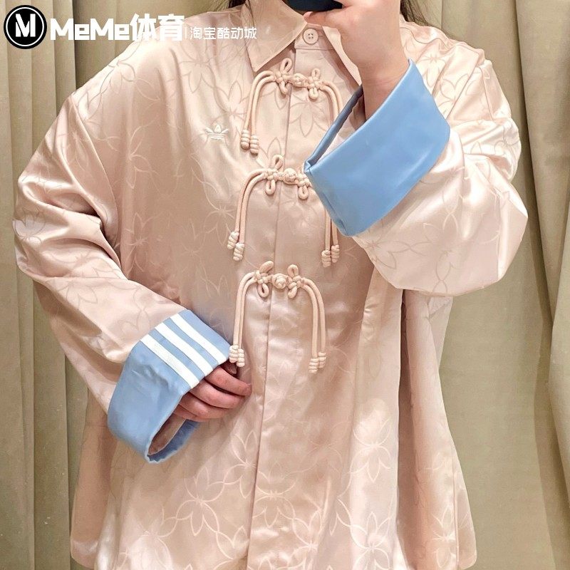 阿迪达斯三叶草女2025夏款新中式国风提花休闲翻领夹克外套KB6408