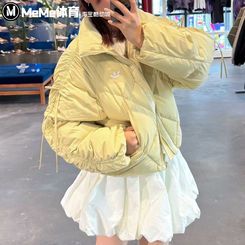 阿迪达斯三叶草女子短款羽绒服2025冬甜美风蝴蝶结面包外套KC2613