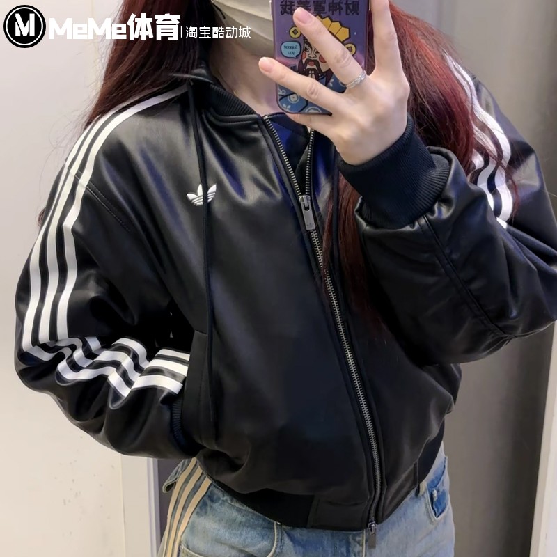 阿迪达斯三叶草女子2026春新品防风可拆卸连帽酷飒皮衣夹克KU6857