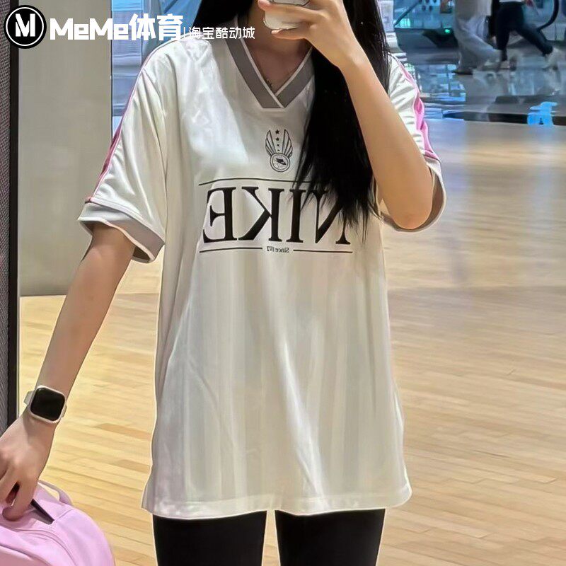 耐克女装2025秋季新品条纹拼色V领宽松球衣运动短袖T恤IH8505-133