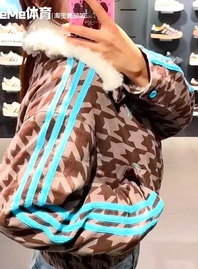 阿迪达斯三叶草千鸟格棉服女2025冬款毛领保暖运动夹克外套KA9732