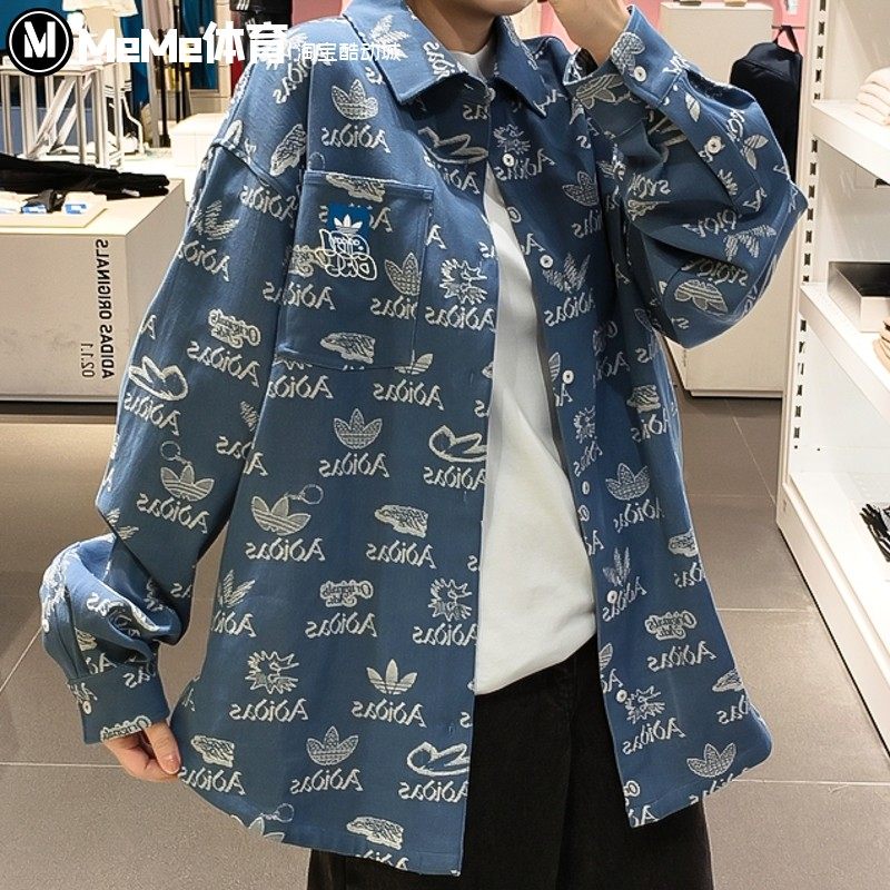 三叶草纯棉印花运动长袖翻领衬衫
