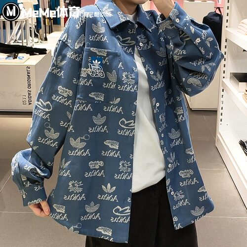 三叶草纯棉印花运动长袖翻领衬衫
