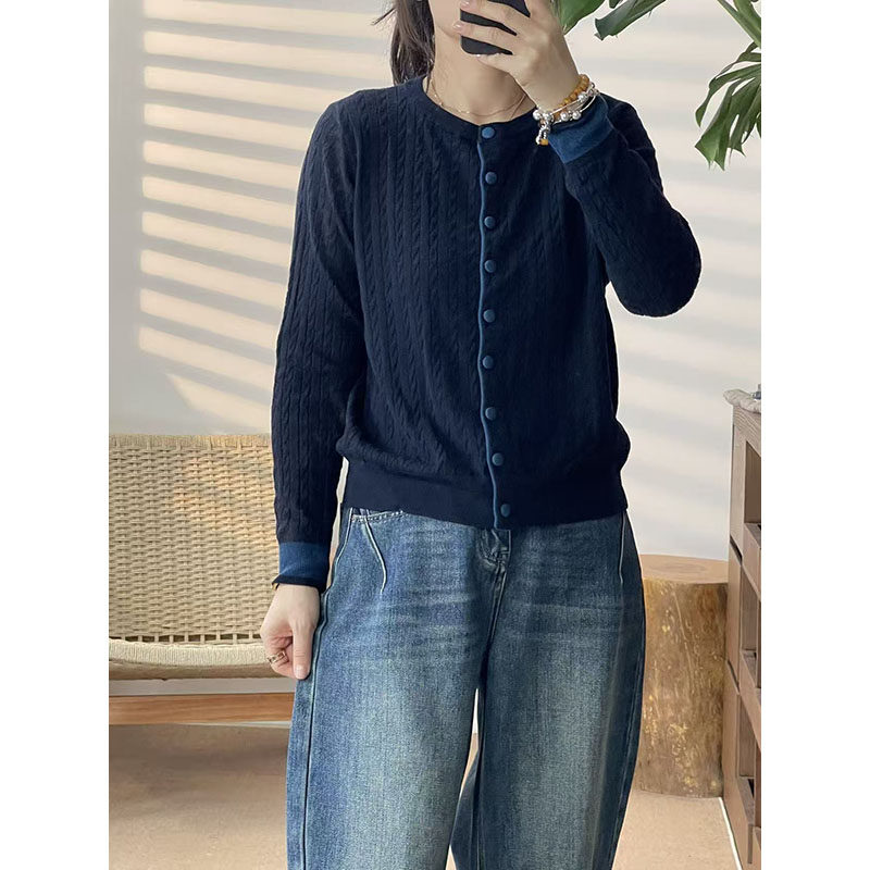 2025秋冬绵羊毛单排扣藏青撞色开衫毛衣女显瘦百搭休闲上衣2027,女装/女士精品,毛衣,淘宝优惠券,粉丝福利购,淘宝优惠卷