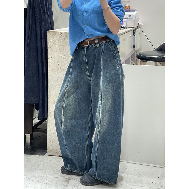 复古水洗高腰阔腿牛仔裤女秋冬季宽松显瘦百搭直筒加绒长裤86115