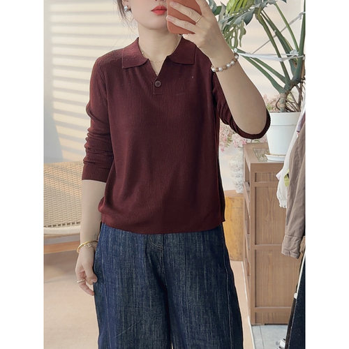秋季纽扣翻领显瘦百搭休闲针织长袖女上衣2965
