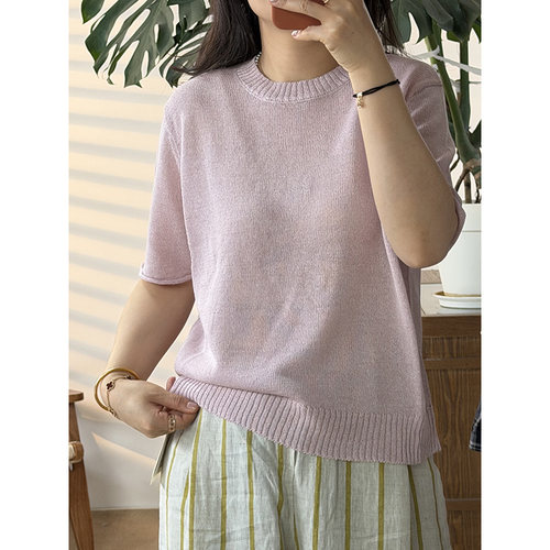 爆款百搭宽松圆领短袖和纸纱针织上衣女装26038