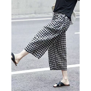 2025夏款通勤风色织亚麻格子透气夏季八分裤休闲裤时尚阔腿裤 517