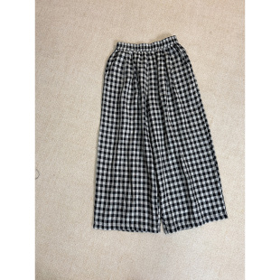 亚麻百搭显瘦松紧腰大格子阔腿休闲裤女裤601
