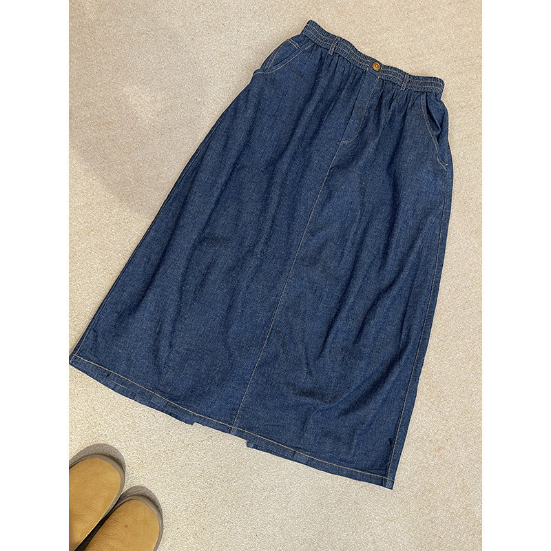 稻子家-松紧腰时尚百搭显瘦亚麻牛仔半身A字裙 8696