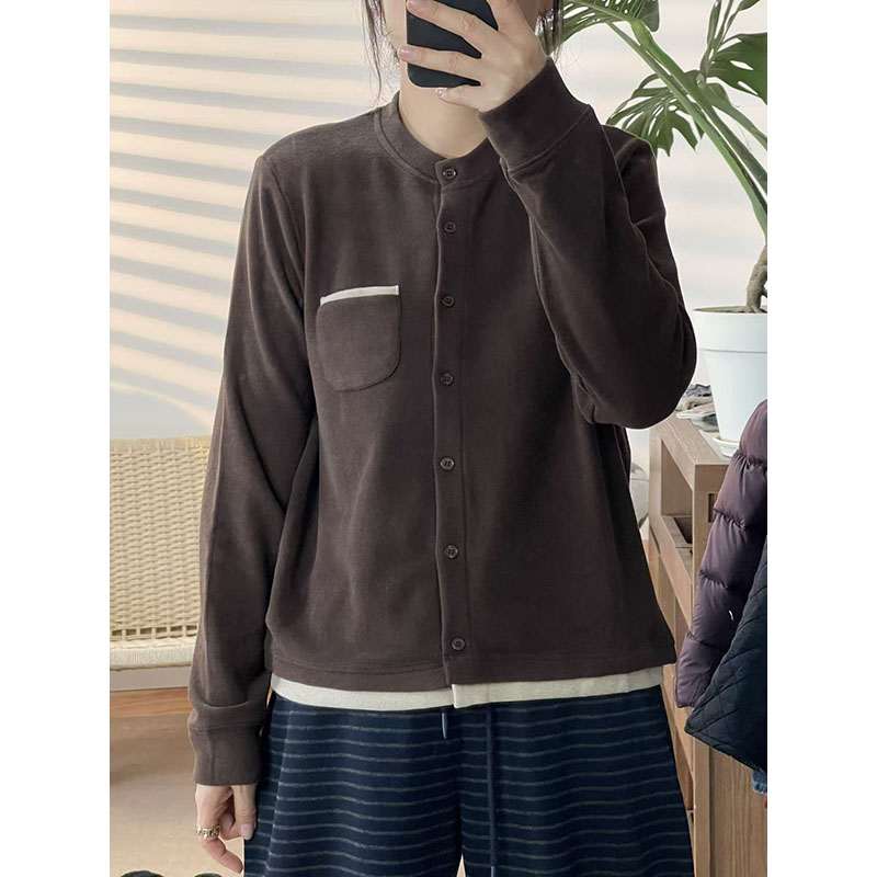2025冬款德绒小口袋开衫女圆领针织上衣百搭6179