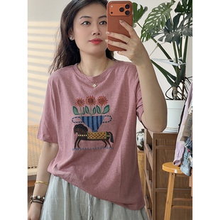 【自带凉意】亚麻简约透气钉珠+刺绣小马太阳花短袖圆领T恤女3856